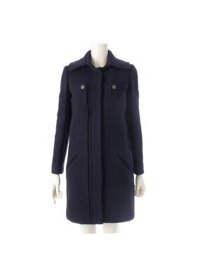 Chanel Wool Angora Coco Mark Long Stainless Steel Collar Coat Navy 34